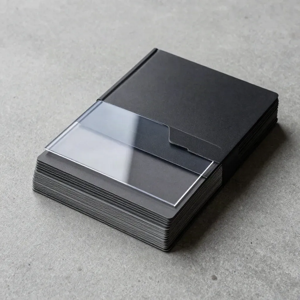 Matte black audit pack with layered analysis cards and acetate overlay on cool concrete, overhead diagonal.