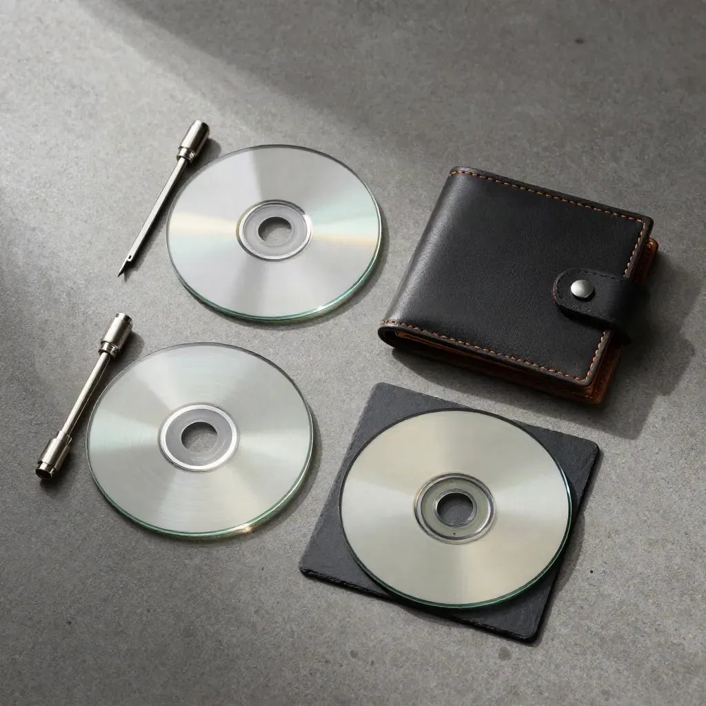 Overhead flatlay of a tracking checkup kit with glass discs, cable ends, and a sealed wallet on concrete.