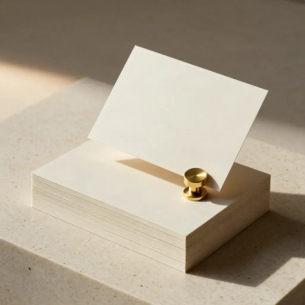 Ivory headline pack cards with brass paperweight on travertine